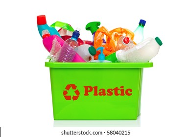 Photo Of A Green Plastic Recycling Bin Isolated On A White Background.