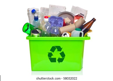 Photo Of A Green Recycling Bin Full Of Recyclable Items Isolated On A White Background.