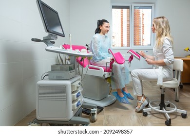 Photo of a gynecologist doctor and a patient on a gynecological chair. Preventive reception, preparation for medical examination, pregnancy management, health care gynecology contol - Shutterstock ID 2092498357