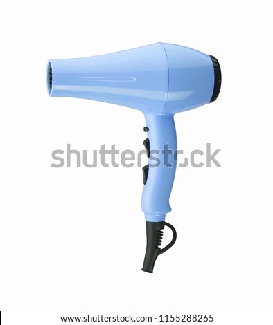 Photo of hair dryer color blue jeans. Isolated on White background.