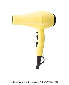Photo of hair dryer yellow color. Isolated on White background.