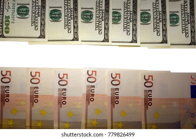 Photo of half one hundred dollars bills at the up and fifty euro bills at the bottom wiht a free space in the middle for your text. Money and financial concept. currency exchange