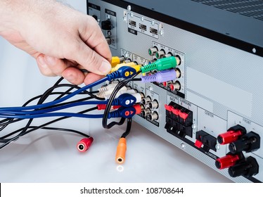 Photo of hand connecting cables to an AV Receiver, on a white background