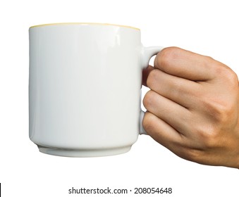 Photo Hand Holding White Blank Empty Mug For Coffee Or Tea Isolated On White Background.