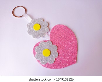 Photo Of Handmade Glitter Foam Sheet Keychain. Photo Of Glitter Pink Heart. Key Chain Object. Cute Handmade Key Ring.