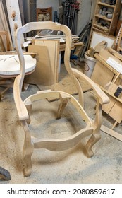 Photo Of A Handmade Wooden Chair In The Workshop. Wood Products.