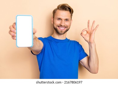 Photo of handsome cheerful guy hand show okey symbol empty space screen isolated on beige color background