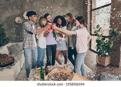 Photo Of Happy Cheerful Men And Women Drink Red Cup Clink Birthday Party Smile Indoors Inside House Home