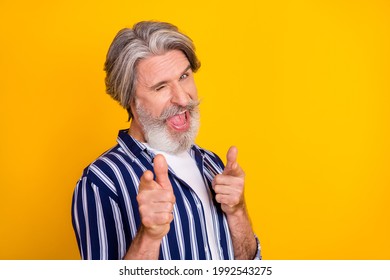 Photo Of Happy Excited Handsome Flirty Mature Man Wink Blink Eye Point Finger You Isolated On Yellow Color Background