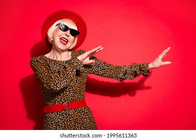 Photo Of Happy Funky Cheerful Old Woman Wear Cool Sunglass Hat Dancer Isolated On Red Color Background