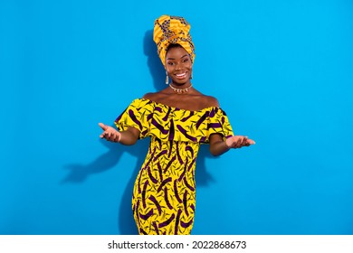 Photo of happy good smiling beautiful african woman inviting you with open hands isolated on blue color background - Powered by Shutterstock