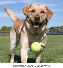 A photo of a happy and healthy dog. The dog is a Labrador Retriever and it is playing fetch with a tennis ball on a sunny day. The dog isstanding on a lush green grass field, with a clear blue sky in  - Powered by Shutterstock