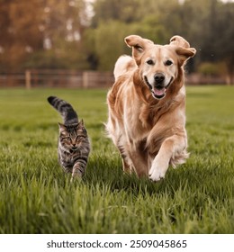 A photo of a happy and healthy dog playing with a cat. The dog is a Golden Retriever and is standing on grass. The cat is a Siamese andis sitting on a wooden fence. The dog is barking at the cat, and 