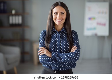 Photo of happy joyful confident young woman wear formalwear folded hands indoors in office workplace workstation