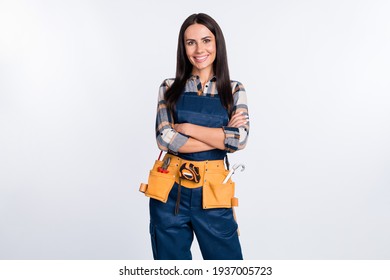 Photo of happy lovely smiling good mood woman builder handyman with folded hands isolated on white color background - Powered by Shutterstock