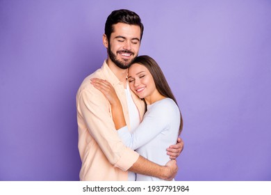 Photo Of Happy Man And Woman Embrace Good Mood Closed Eyes Nice Smile Isolated On Violet Color Background