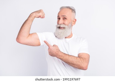 Photo Of Happy Positive Old Man Power Show Biceps Point Finger Recommend Isolated On Grey Color Background