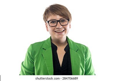 Photo Of Happy Pudgy Business Woman On White Background