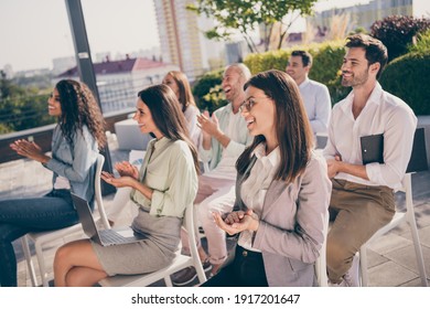 Photo Of Happy Smiling Cheerful Good Mood Group Of Young People Colleagues Clapping Having Meeting Outside Outdoors