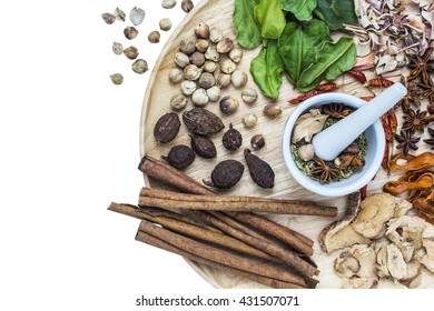 A Photo Of Herbal Medicine In Wood Dish On White Isolate Background With Space For Text