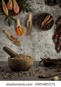 Photo of herbs and spices such as turmeric, cumin, fennel, cilantro, cinnamon, staranise and clove.