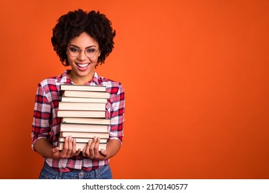 Photo Of High School Girl Hold Pile Textbook Prepare College Task Wear Plaid Shirt Isolated Shine Color Background