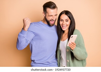 Photo of hooray brunette nice couple look telephone wear sweater isolated on beige color background