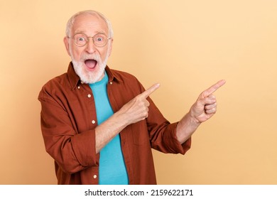 Photo of hooray elder grey hairdo man indicate empty space wear spectacles brown shirt isolated on beige color background