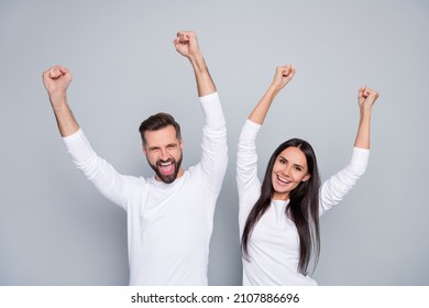 Photo Of Hooray Millennial Couple Yell Wear White Shirt Isolated On Grey Background