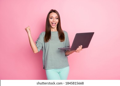 Photo of hooray sweet brunette long hair lady working laptop scream fist up wear casual t-shirt pants isolated on pastel pink color background