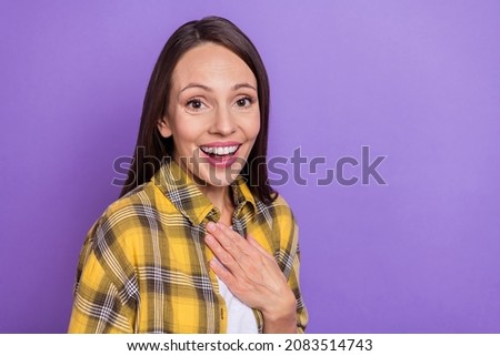 Photo of hooray young lady hand chest wear plaid shirt isolated on purple color background