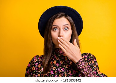 Photo Of Horrified Lady Arm Covering Mouth Staring Wear Cap Vintage Clothing Isolated On Yellow Color Background