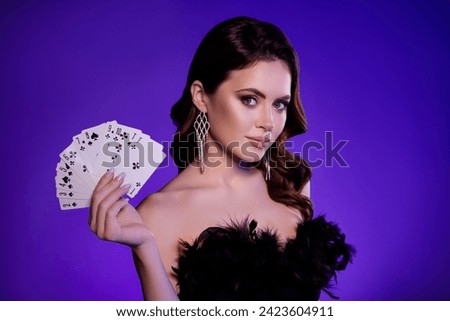 Photo of hot chic attractive lady aristocrat enjoy vogue event occasion in casino professional playing poker