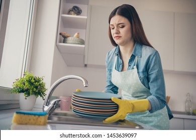 Photo Of House Wife Displeased Working Alone Tired Carry Heavy Dishes Wear Dotted Apron Bright Kitchen