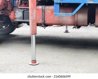 Photo Of Hydraulic Support On Lorry Crane. Selective Focus.