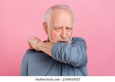 Photo of ill old white hairdo man sneeze wear blue shirt isolated on pink color background - Powered by Shutterstock