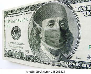 Photo Illustration Of Ben Franklin Wearing A Health Care Mask And Bonnet On A One Hundred Dollar Bill. Might Illustrate The High Cost Of Health Care During The Coronaviruse Pandemic.