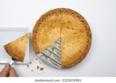 Photo illustration of a hand serving up a slice of a money pie chart with a real pastry crust. Piece of pie is being placed on a white square plate. Pie filling is dollar bills