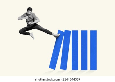 Photo illustration of white black filter young fighter jump high hit leg breaking painted barrier columns blocks fall apart isolated pastel background