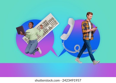 Photo image collage artwork of two young people remote working online communicating using all types gadgets isolated on cyan background