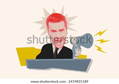 Photo image collage young outraged businessman employer aggressively shout loudspeaker poclaim information announcement angry emotion