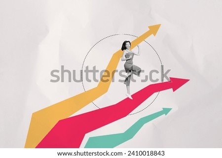 Photo image creative picture young happy girl going upwards towards success goal target accomplishment drawing background