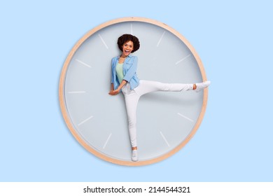 Photo image of funny lady stuck inside huge large clock use her legs instead of arrows have fun concept of time arrangement every second have cost