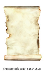 Photo image of an old rolled side paper sheet isolated on white, grunge burnt antique paper texture, empty old treasure map template