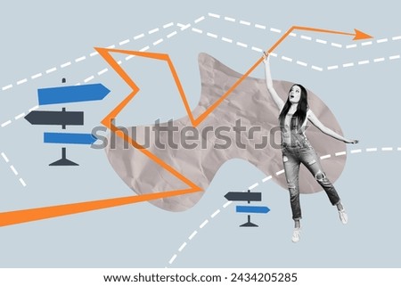 Photo image young girl touch progress dynamic arrow rise up reach success target goal accomplishment roadsign show way right turn