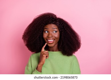 Photo Of Impressed Big Hairdo Brunette Lady Look Promotion Wear Green Pullover Isolated On Pink Color Background