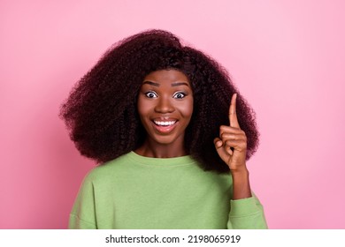 Photo Of Impressed Big Hairdo Brunette Lady Index Up Wear Green Sweater Isolated On Pink Color Background