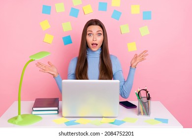 Photo Of Impressed Lady Manager Sit Desk Not Remember Boss Project Send Work Netbook Isolated On Pastel Color Background Paper Notes