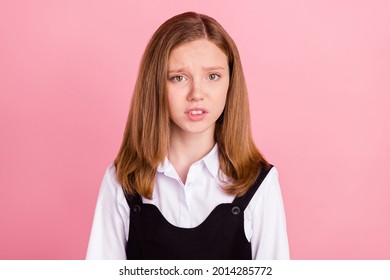 Photo Of Impressed Shocked School Girl Wear White Black Uniform Listening Bad News Isolated Pink Color Background