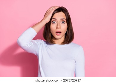 Photo of impressed shocked young lady dressed white jumper arm head hearing bad news isolated pink color background - Shutterstock ID 2073720917
